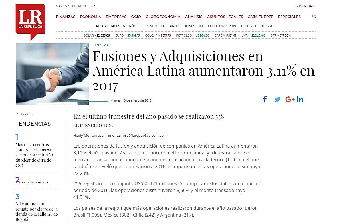 Fusiones y Adquisiciones en Amrica Latina aumentaron 3,11% en 2017